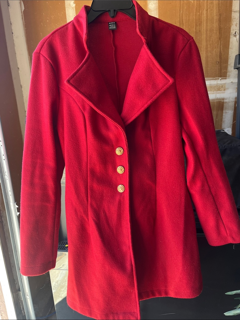 SHEIN Red Double-Breasted Wool-Blend Pea Coat with Gold Buttons